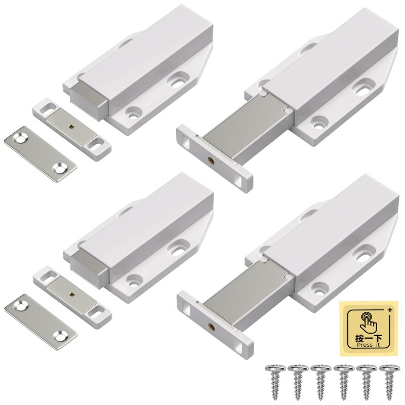 Jiayi Magnetic Push to Open Jiayi Push Release Magnet Cabinet Door Latch, Push Open Drawer Catch for Large Door, Push in Door Unlock Kitchen Spring Opening Press Out Push Magnetic Latches (White, 4 Pack) - Image 1